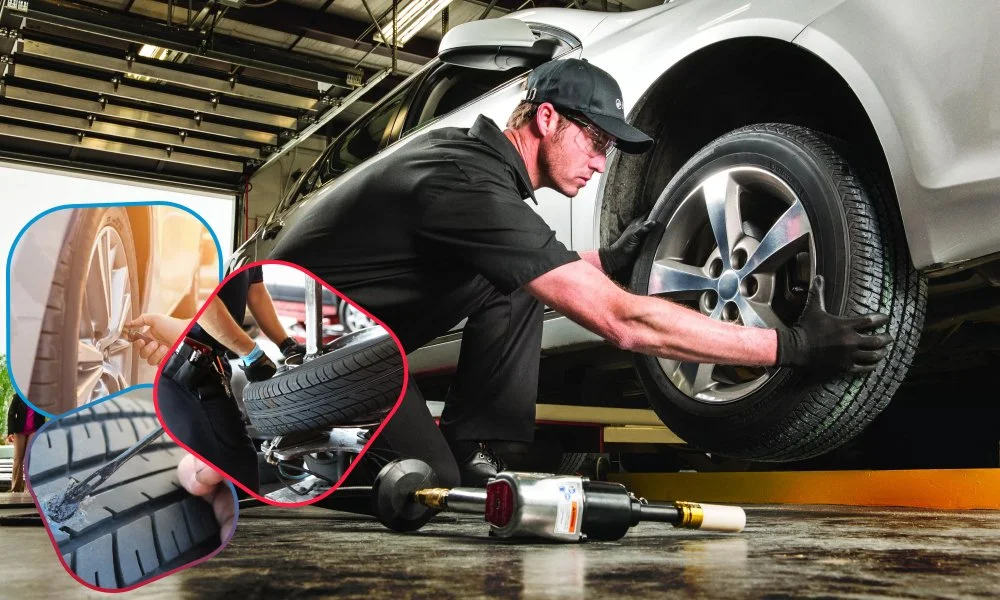 Technician fitting a new tyre on a car